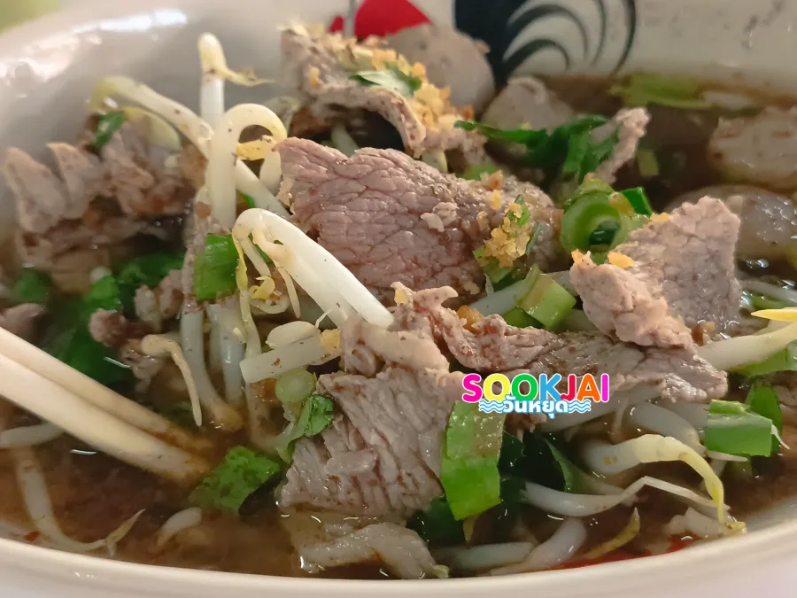 Review of Nai Ran Boat Noodles (Giant Meatballs), Ayutthaya, full set of basil seafood tray and delicious beef clear soup!